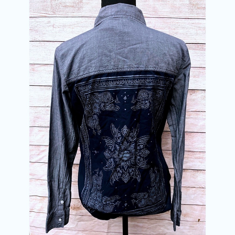 Harley Davidson Womens Gray Blue Bandana Back Button Down Shirt Small